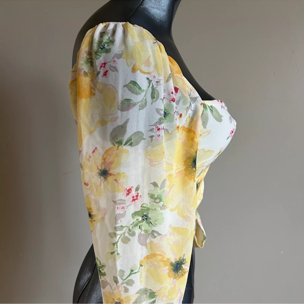 Sheer Floral Bloom Chiffon Crop Top Y2K  True Wrap Yellow Romantic Milkmaid - Picture 5 of 10